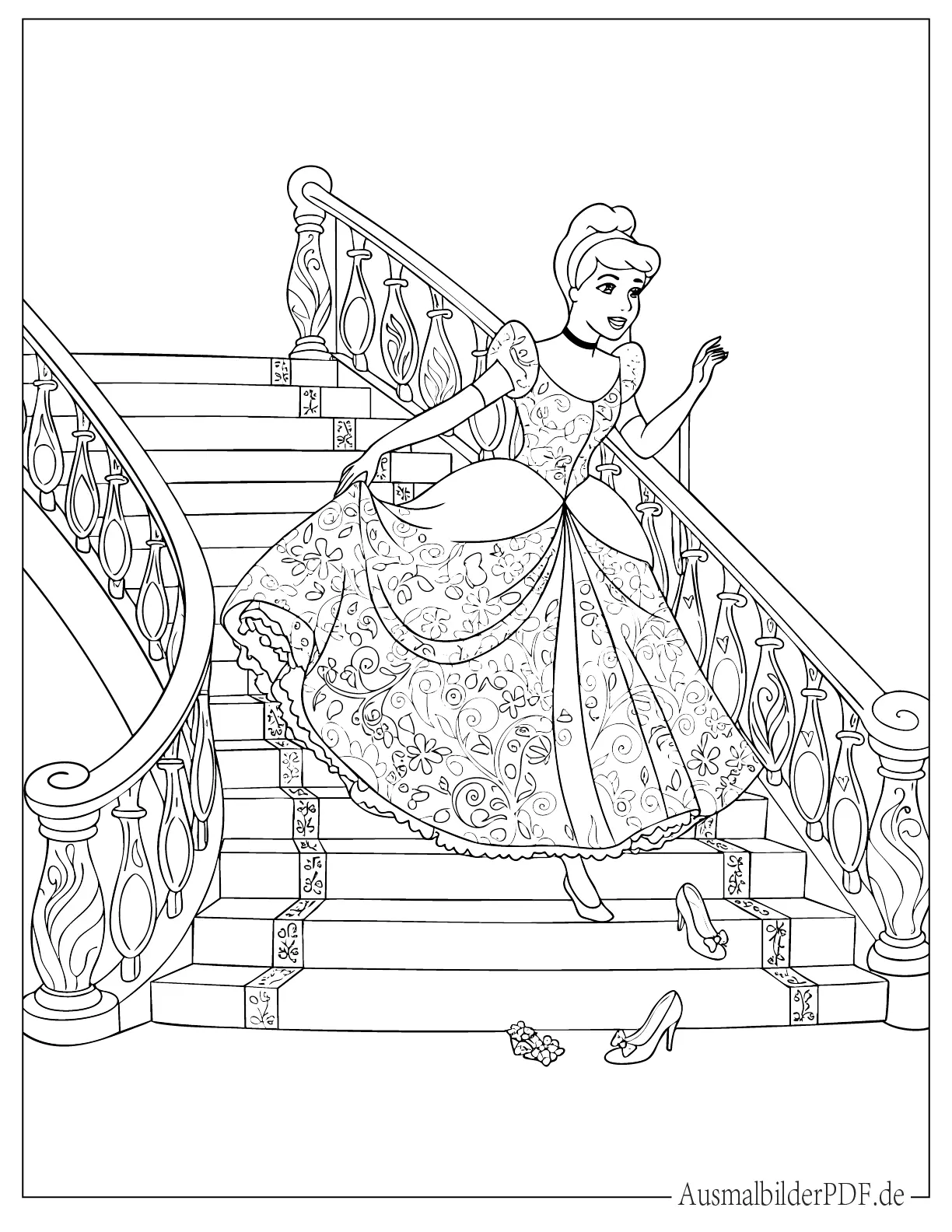 Cinderella rennt die Treppe hinunter und verliert ihren Glasschuh Malbild