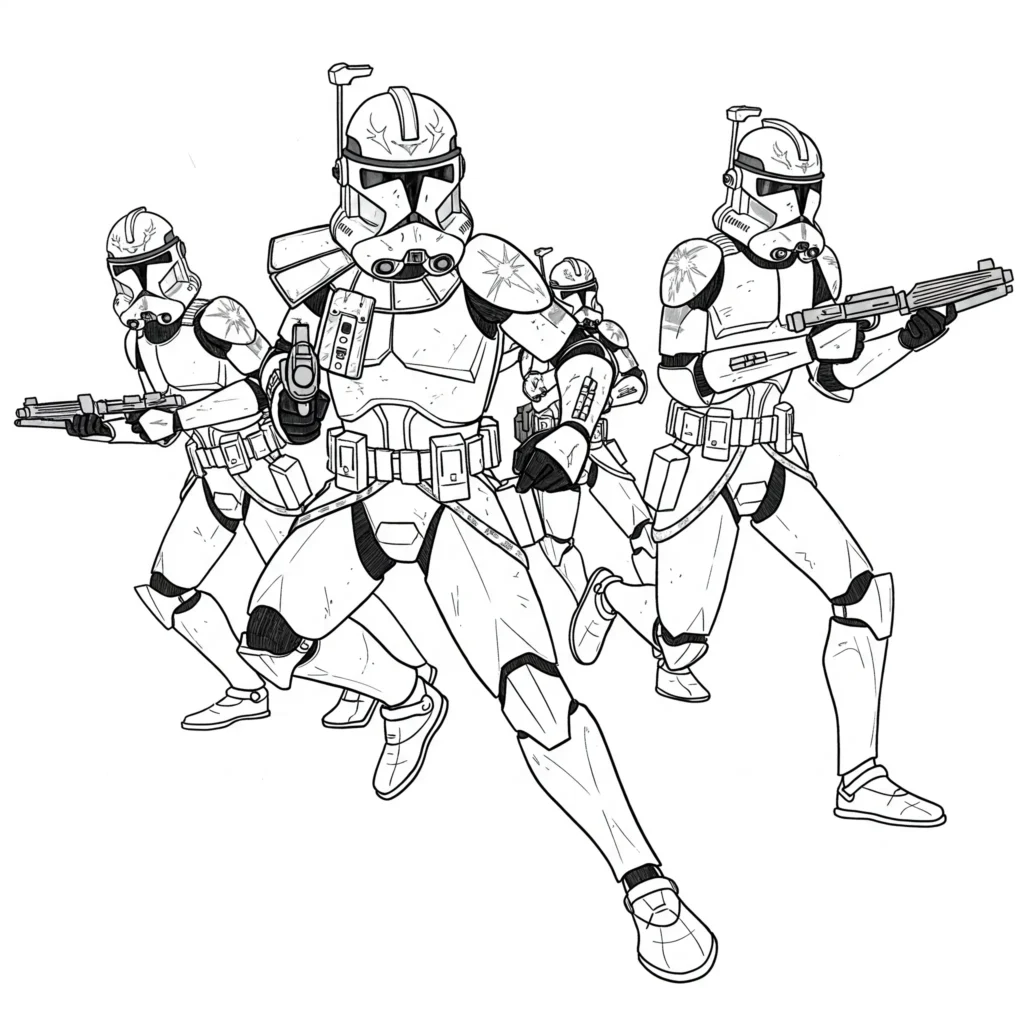 24 Star Wars Ausmalbilder (Gratis Malvorlage zum Ausdrucken) Detailliertes Ausmalbild von Clone Troopers aus Star Wars, bereit für den Angriff. Perfekt zum Ausdrucken und Ausmalen für Kinder und Fans.