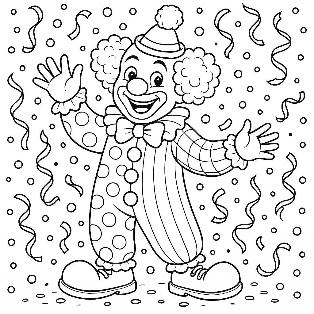 Fröhliches Clown Ausmalbild mit großem Hut, Schleife, Punkten und Konfetti im Hintergrund – ideal für Kinder