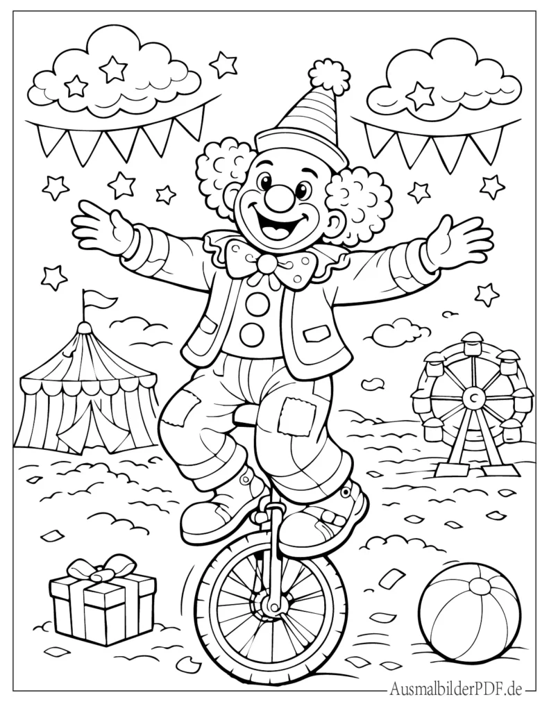 Ausmalbild eines Clowns auf dem Einrad, kinderfreundliche Malvorlage zum Drucken und Ausmalen
