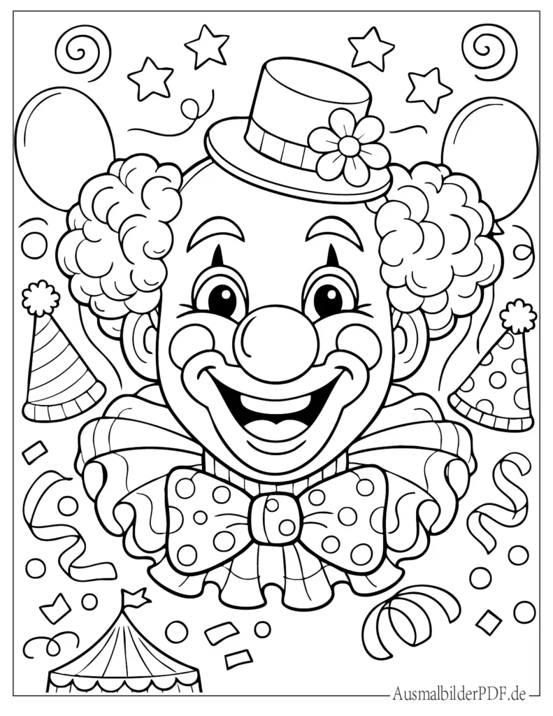 Ausmalbild eines Clown-Gesichts, kinderfreundliche Malvorlage zum Ausdrucken und Ausmalen