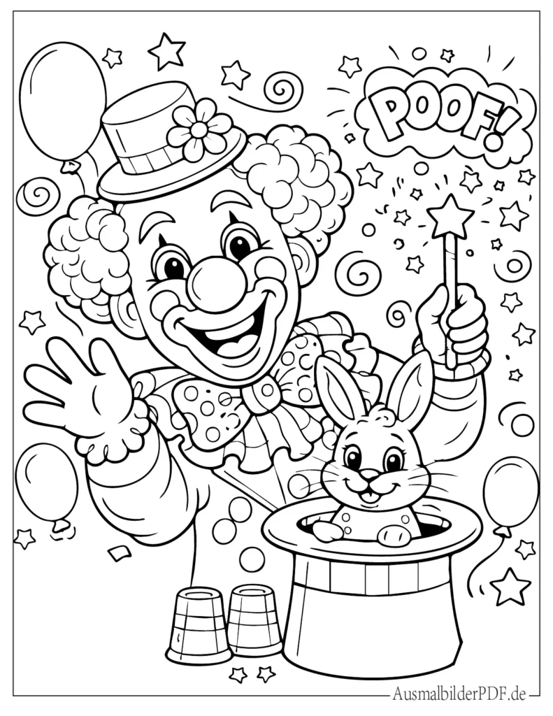 Malvorlage eines Clowns, der einen Hasen aus dem Hut zaubert, kinderfreundliches Ausmalbild zum Ausdrucken