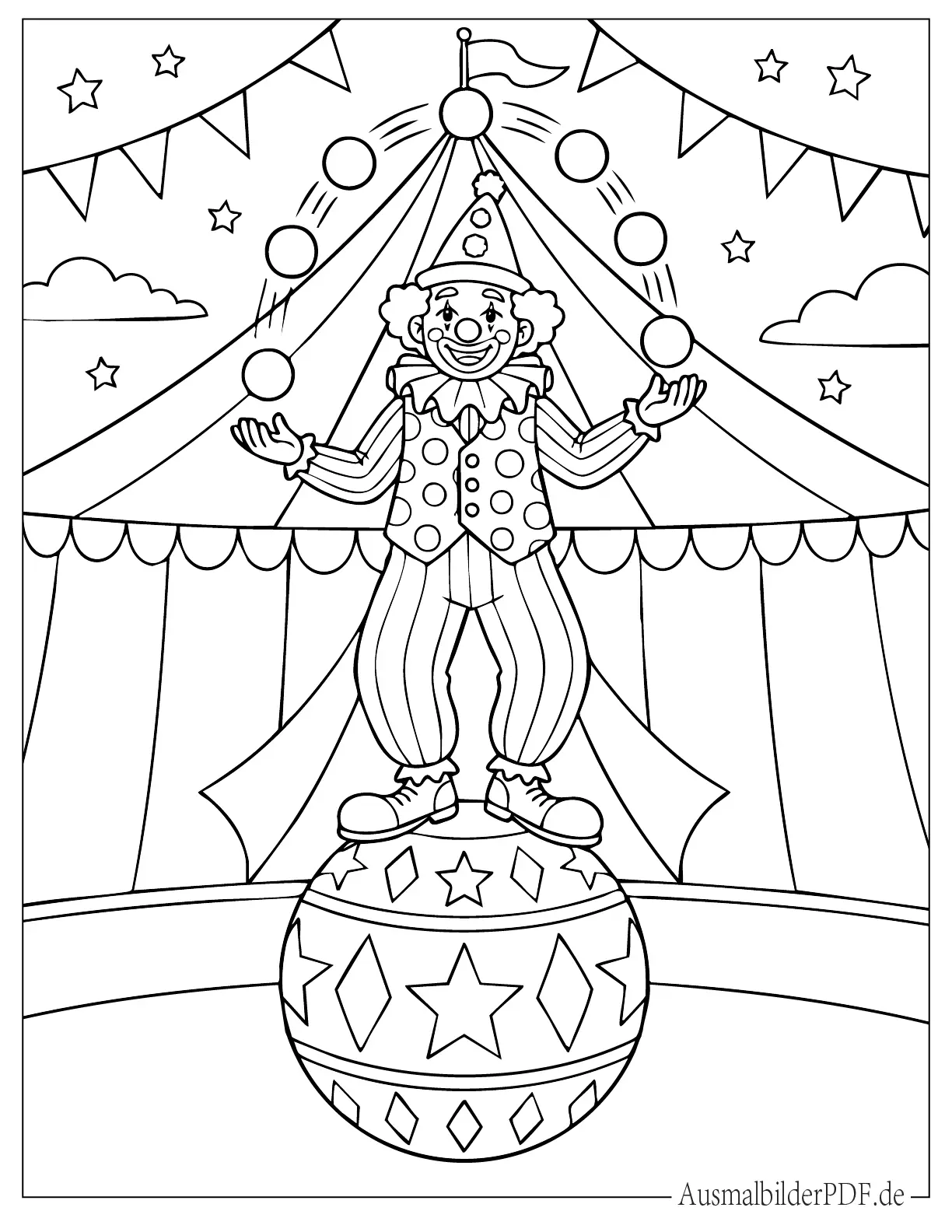 Ein fröhlicher Clown beim Jonglieren von Bällen während des Karnevals als lebendige Ausmalvorlage für Kinder zum kreativen Gestalten.