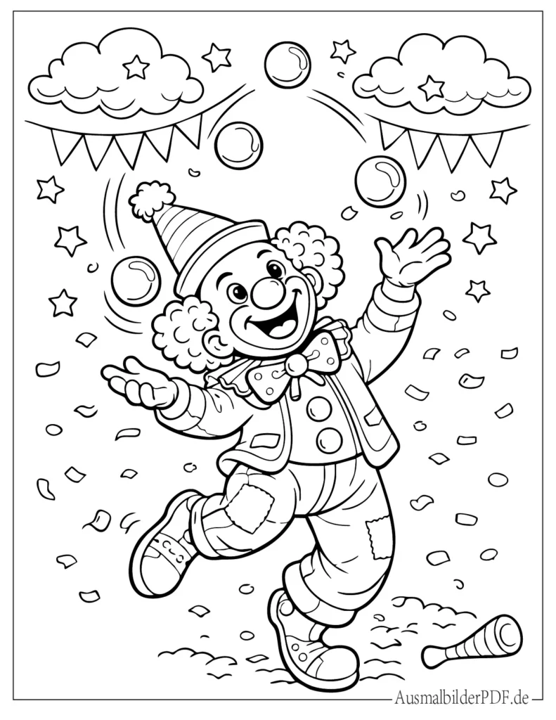 Malvorlage eines Clowns, der drei Bälle jongliert, ideales Ausmalbild für Kinder zum Ausdrucken und kreativen Malen