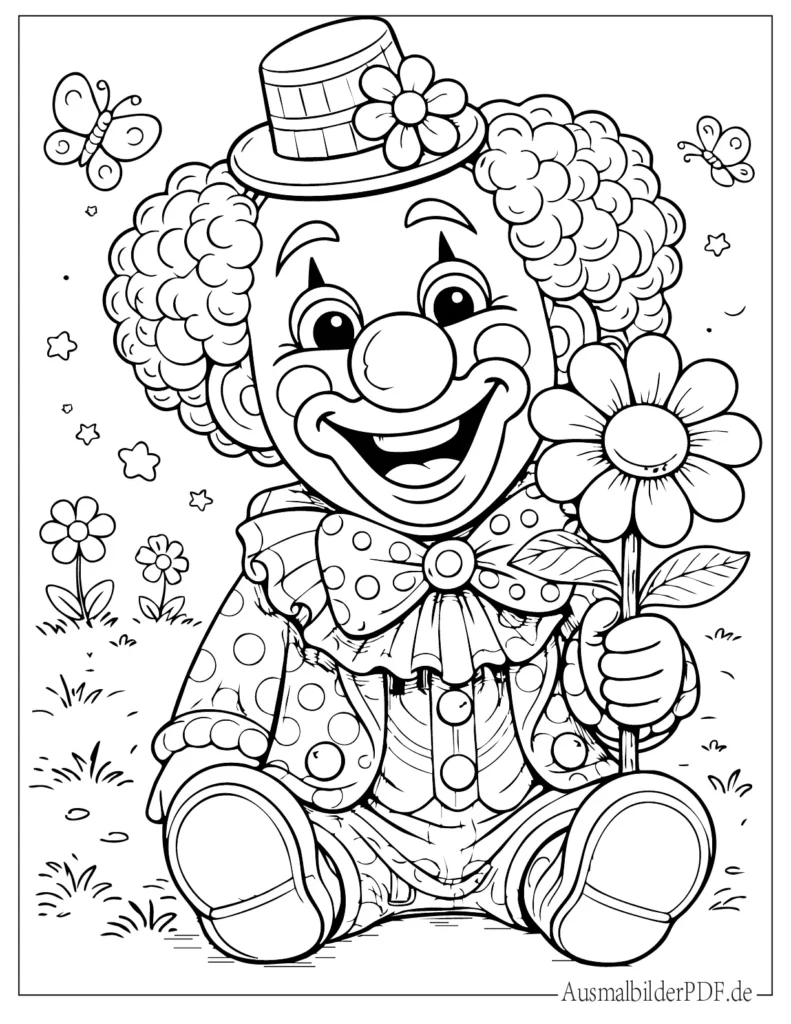Malvorlage eines Clowns, der eine große Blume hält, kinderfreundliches Ausmalbild zum Ausdrucken und Ausmalen