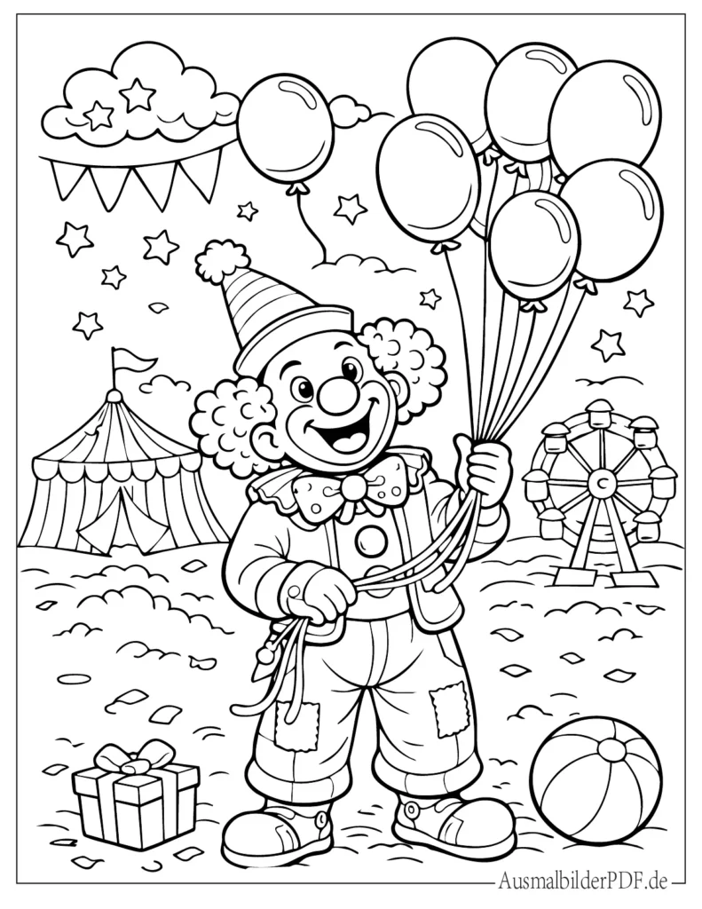 Ausmalbild eines Clowns mit mehreren Luftballons, kinderfreundliche Malvorlage zum Ausdrucken und Ausmalen