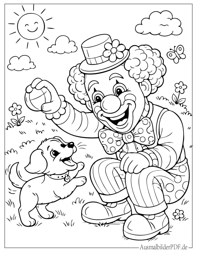 Ausmalbild eines Clowns, der mit einem kleinen Hund spielt, kinderfreundliche Malvorlage zum Ausdrucken