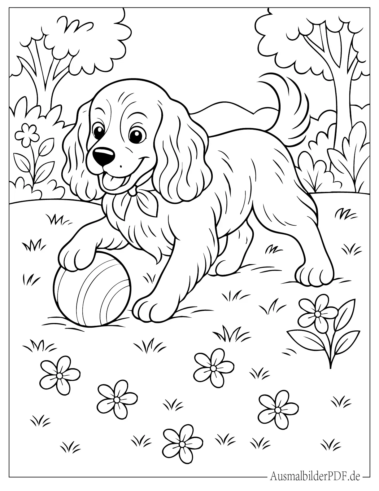 Cocker Spaniel spielt mit Ball Ausmalbild
