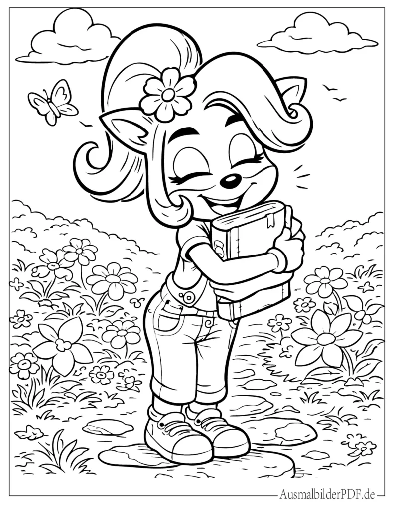 Ausmalbild von Coco Bandicoot, die ein Buch umarmt. Niedliche Videospiel Szene als Malvorlage für Kinder zum Ausdrucken und Ausmalen.