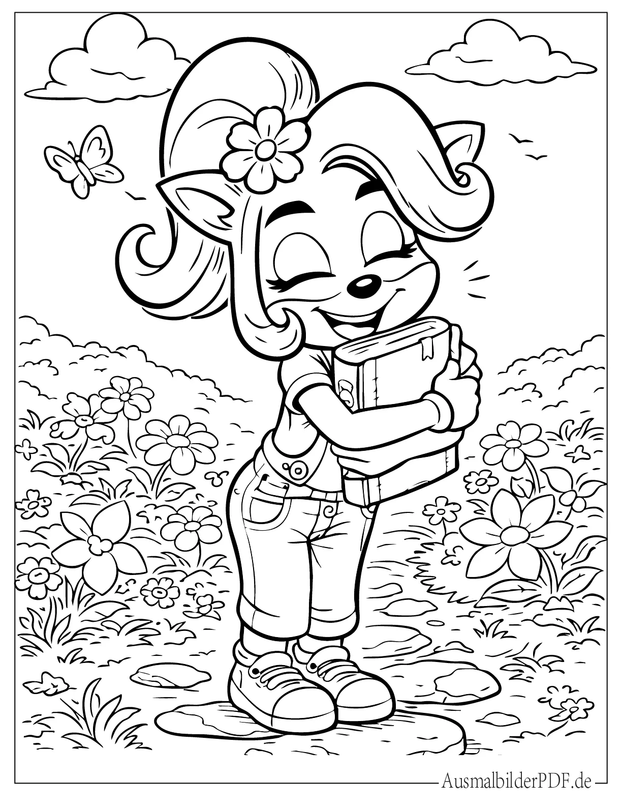 Crash Bandicoot Ausmalbilder (Gratis Vorlagen zum drucken) Coco Bandicoot hält ein Buch druckbares Ausmalbild