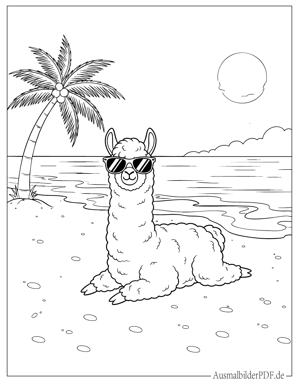 Cartoon Alpaka am Strand mit Sonnenbrille zum Ausmalen