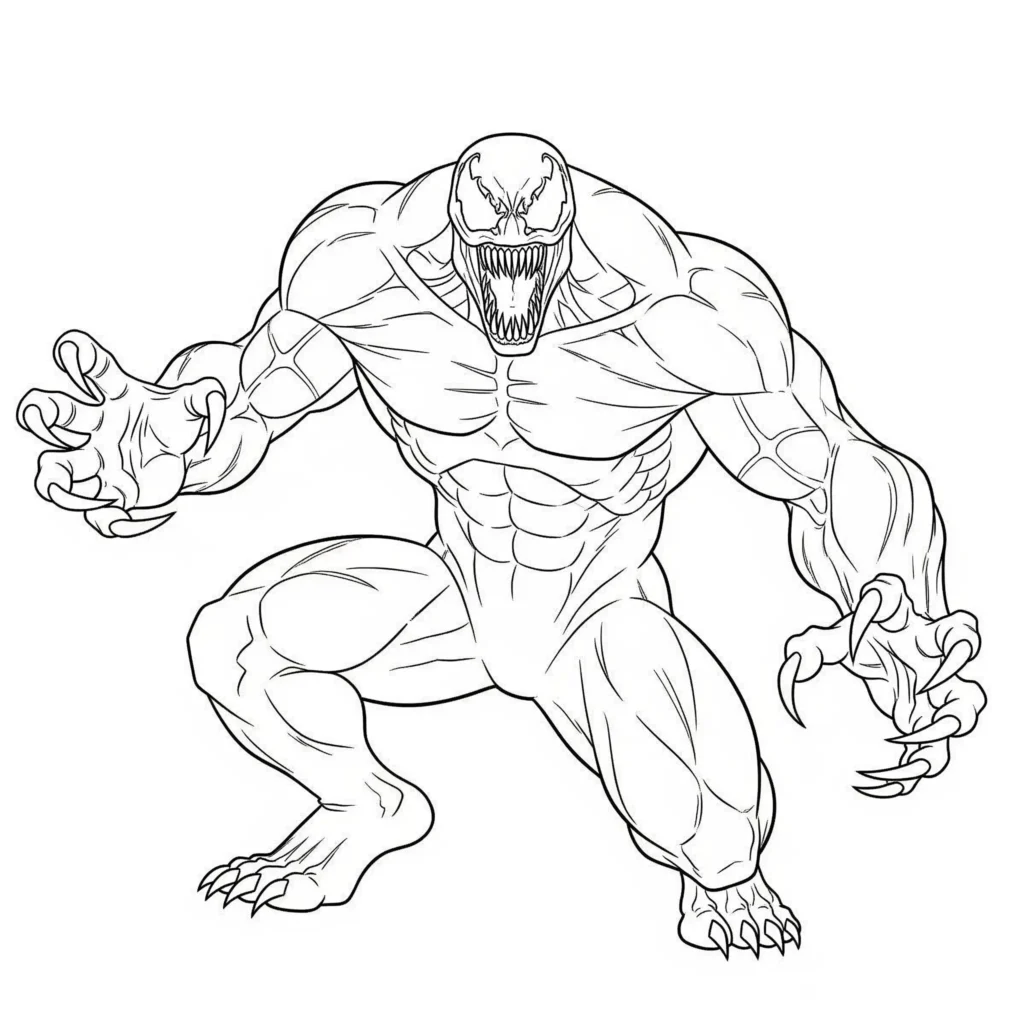 Cooles Venom Ausmalbild zum Ausdrucken kostenlos mit Kampfpose und ausgefahrenen Klauen als PDF Malvorlage für Kinder