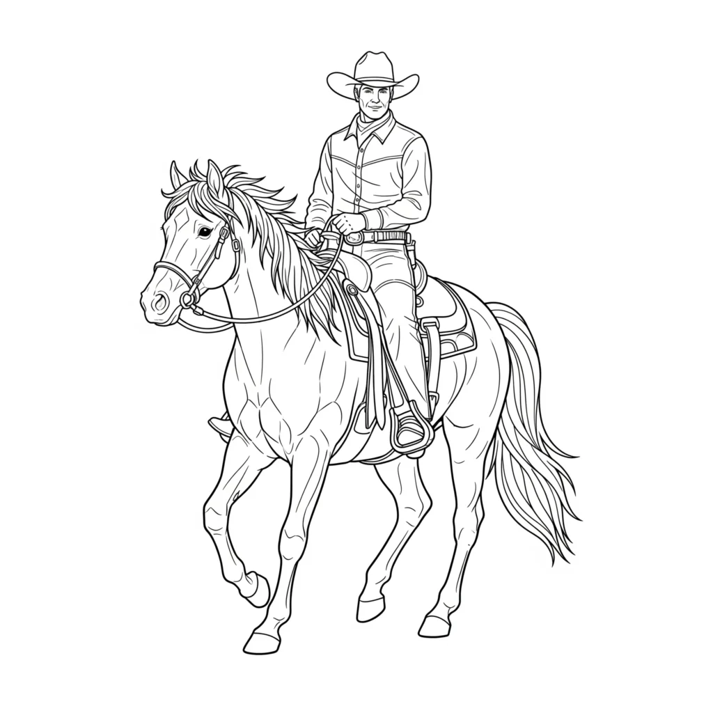 pferd ausmalbild zum ausdrucken mit cowboy der auf einem pferd sitzt als spannende malvorlage für kinder die western lieben
