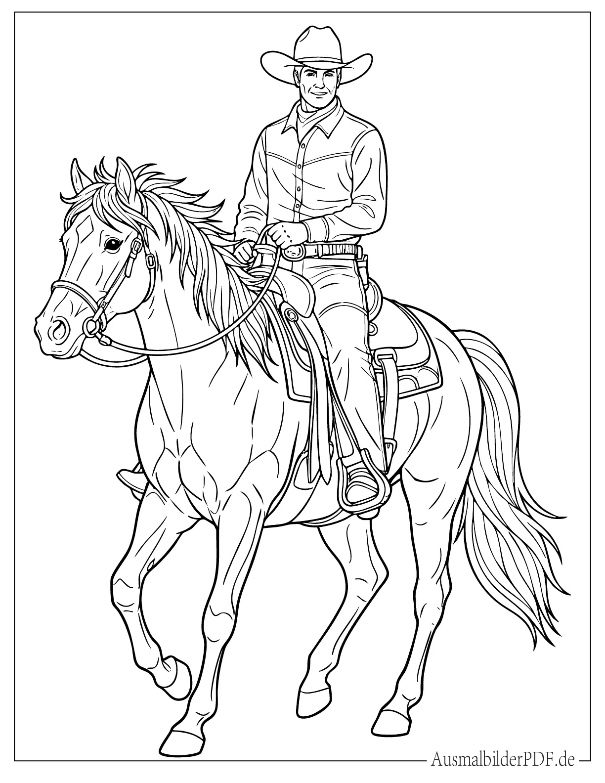 Realistischer Cowboy reitet Pferd Malvorlage