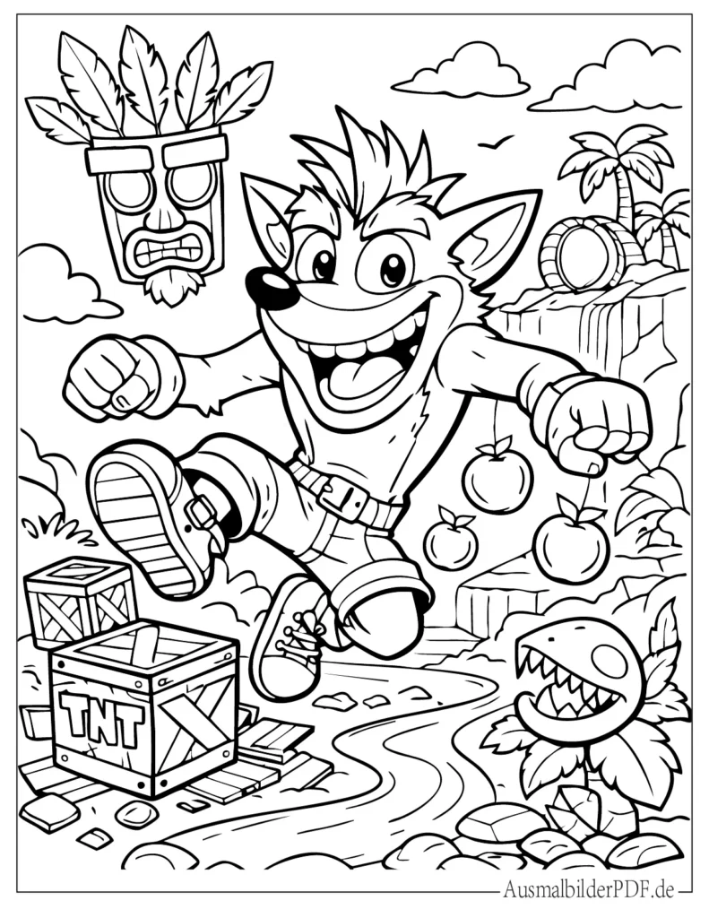 Crash Bandicoot aus Videospielen als lustiges Ausmalbild für Kinder. Die Figur steht in typischer Pose und eignet sich ideal als Vorlage zum Ausdrucken.