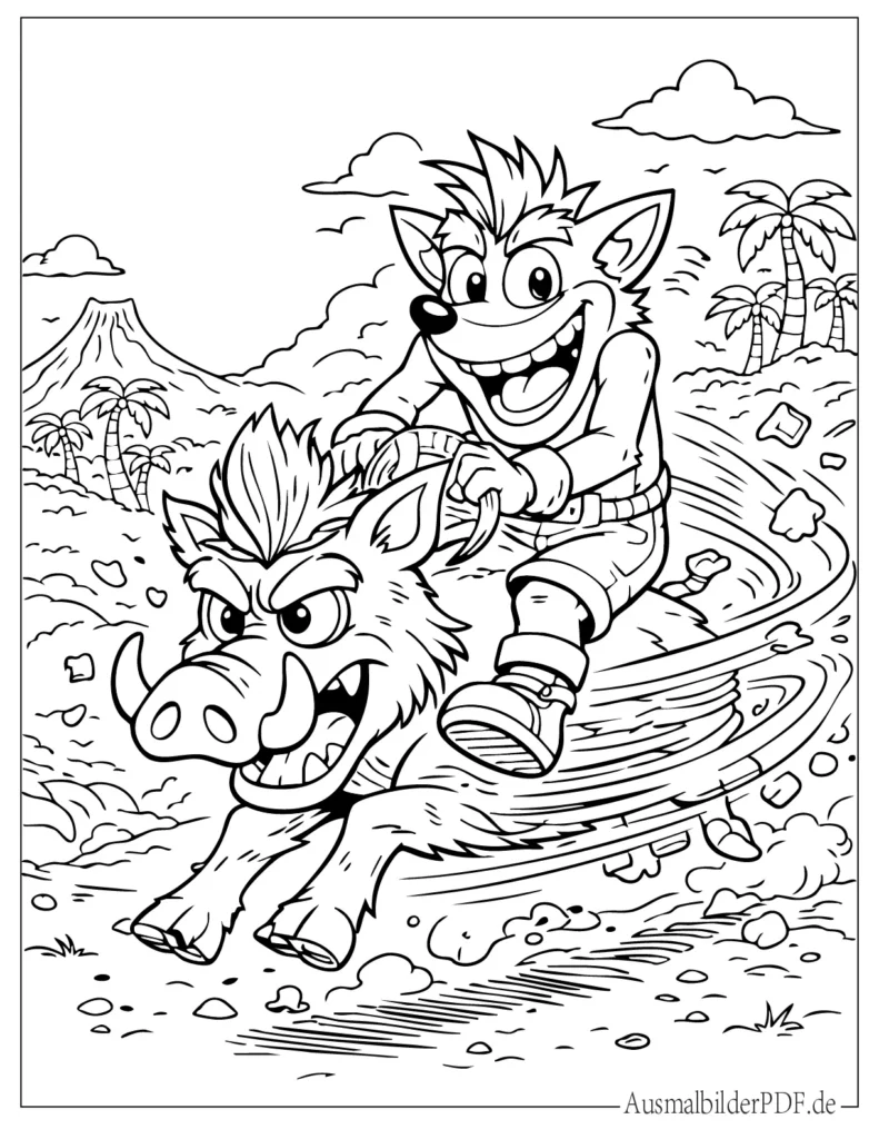 Ausmalbild von Crash Bandicoot, der auf einem schnellen Wildschwein reitet. Spannende Videospiel Szene als Malvorlage für Kinder zum Ausdrucken.