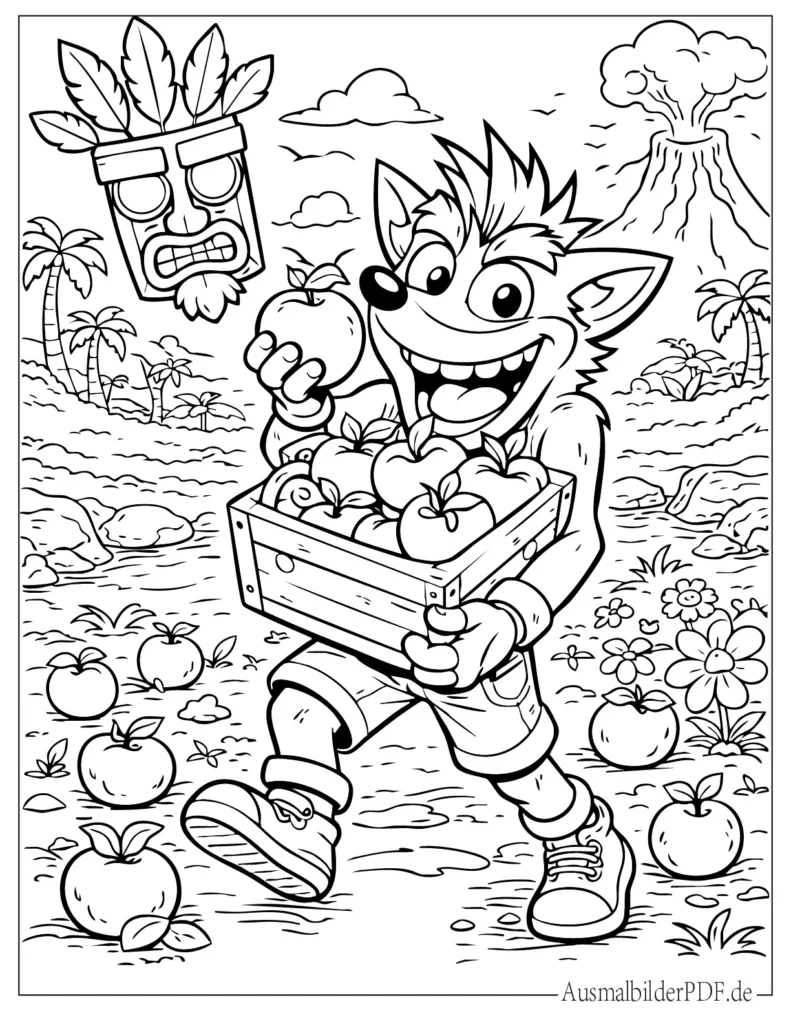 Ausmalbild von Crash Bandicoot beim Sammeln von Wumpa Früchten aus dem Videospiel. Lustige Malvorlage für Kinder zum Ausdrucken.