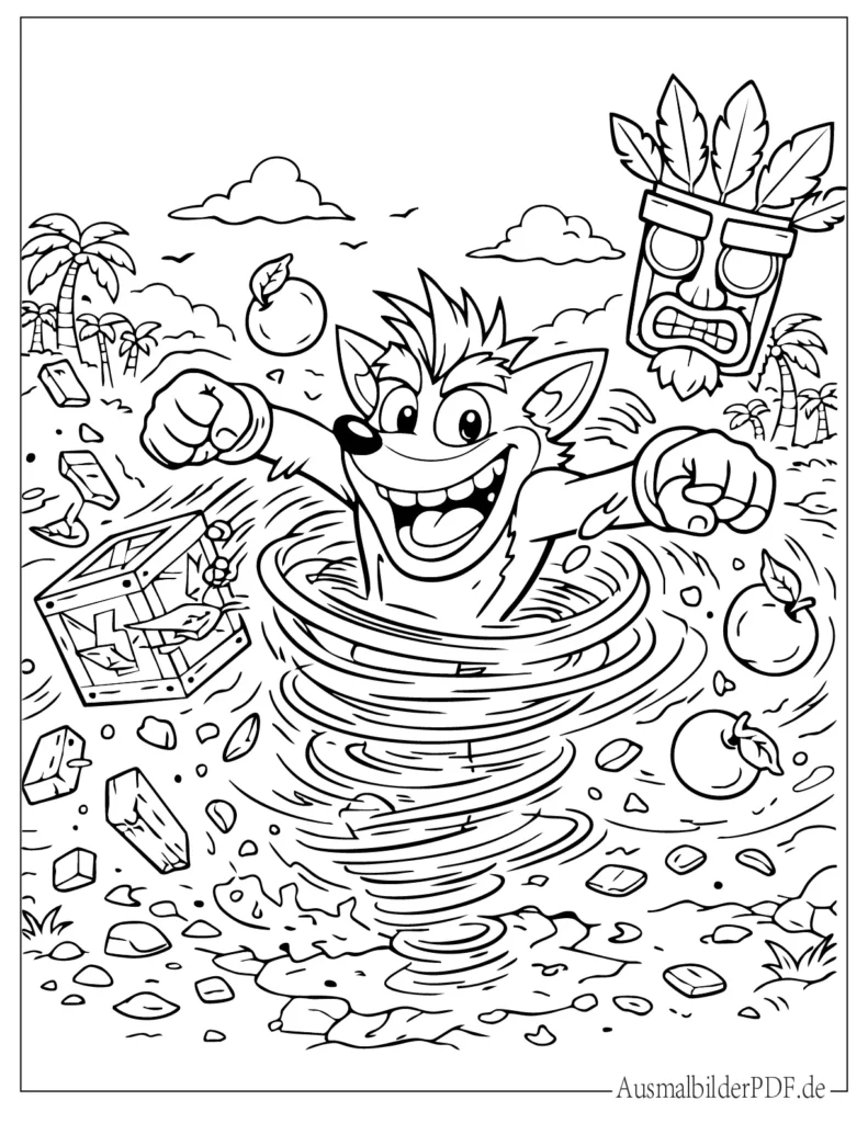 Malvorlage von Crash Bandicoot bei seiner Spinning Attack. Dynamische Szene aus dem Videospiel als Ausmalbild für Kinder zum Ausdrucken.