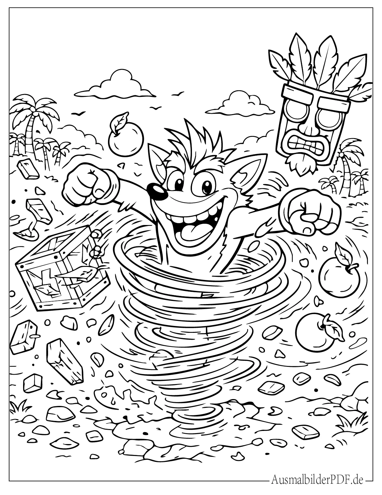 Crash Bandicoot Ausmalbilder (Gratis Vorlagen zum drucken) Crash Bandicoot Malvorlage während seines Drehangriffs