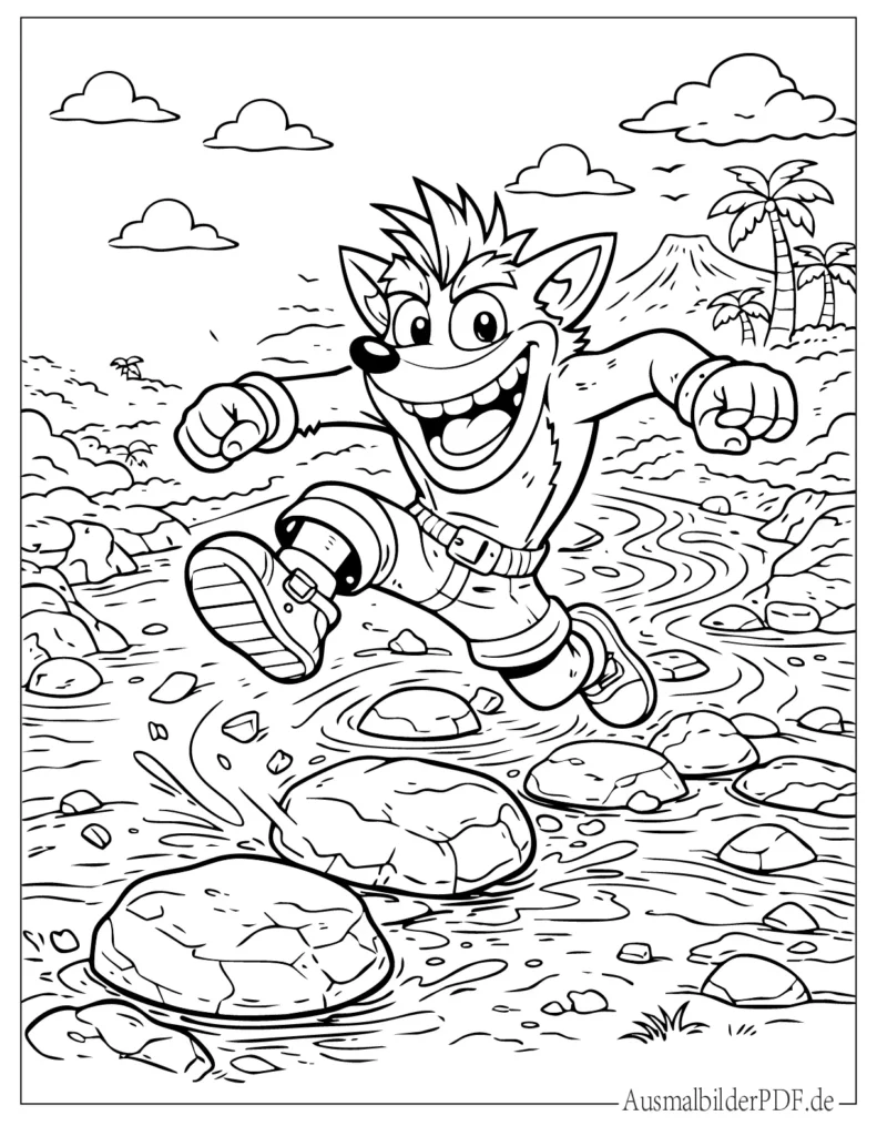 Ausmalblatt von Crash Bandicoot, der über Flussfelsen springt. Abenteuerliche Videospiel Szene als Malvorlage für Kinder zum Ausdrucken.