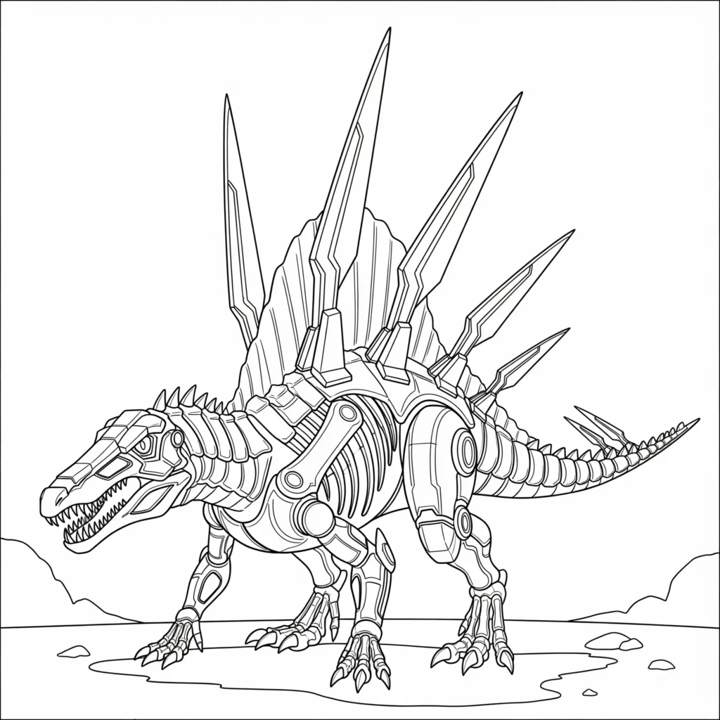 Futuristisches spinosaurus ausmalbild zeigt einen cyber-dino mit mechanischen details und klingenförmigen rückenflossen als spinosaurus malvorlage für kinder