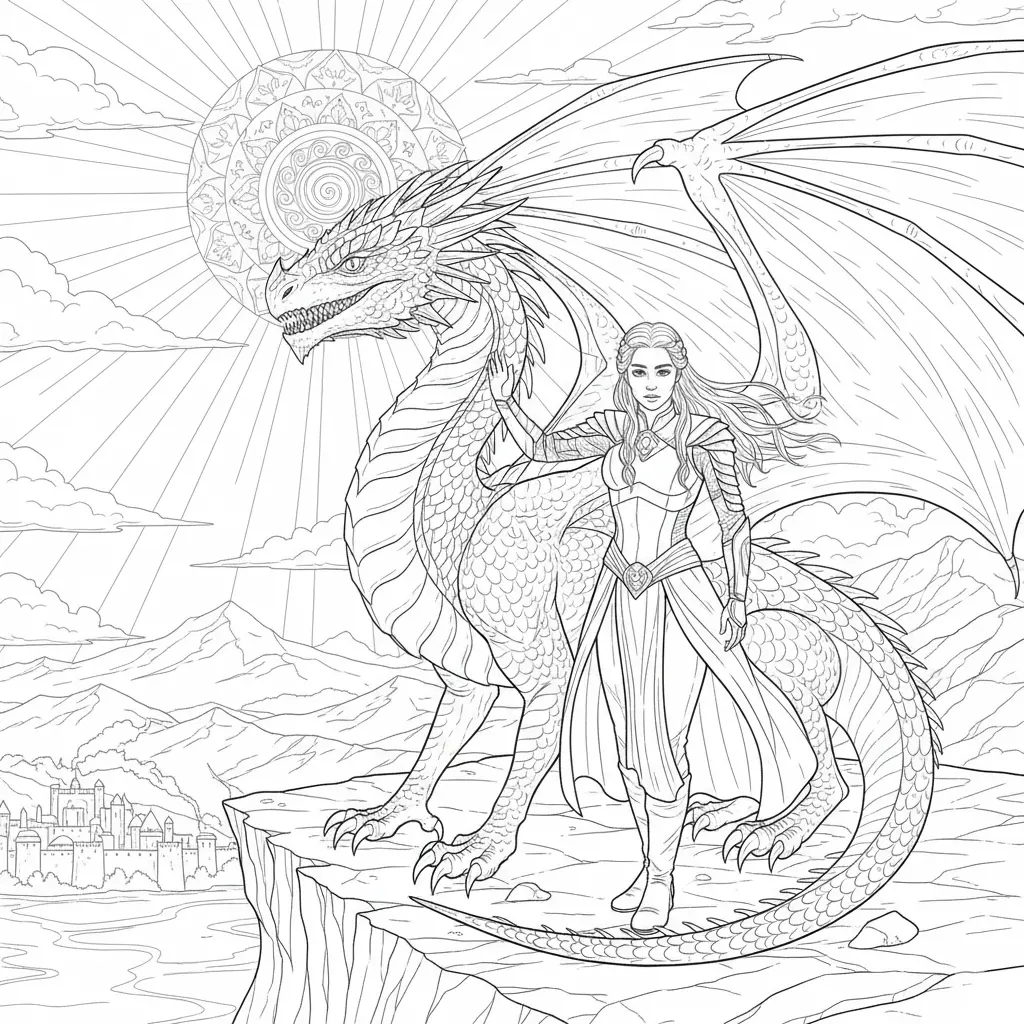 30 Drachen Ausmalbilder (Kostenlos Malvorlage zum Ausdrucken) Daenerys Khaleesi steht neben ihrem Drachen zum Ausmalen und Ausdrucken