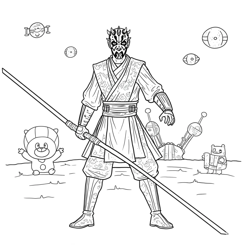 24 Star Wars Ausmalbilder (Gratis Malvorlage zum Ausdrucken) Detailliertes Darth Maul Ausmalbild mit seinem ikonischen Doppelklingen-Lichtschwert. Perfekt für und Erwachsene