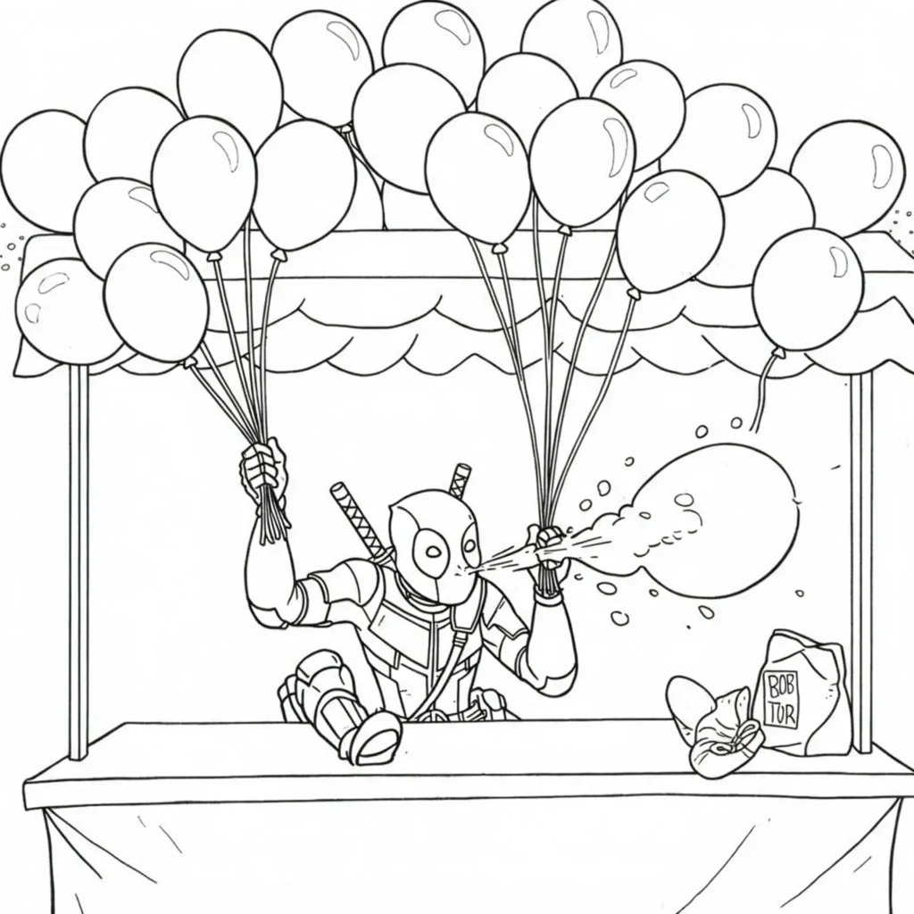 Deadpool Ausmalbild beim Karneval, wie er Ballons an einem Spielestand aufbläst – witzige Szene zum Ausmalen