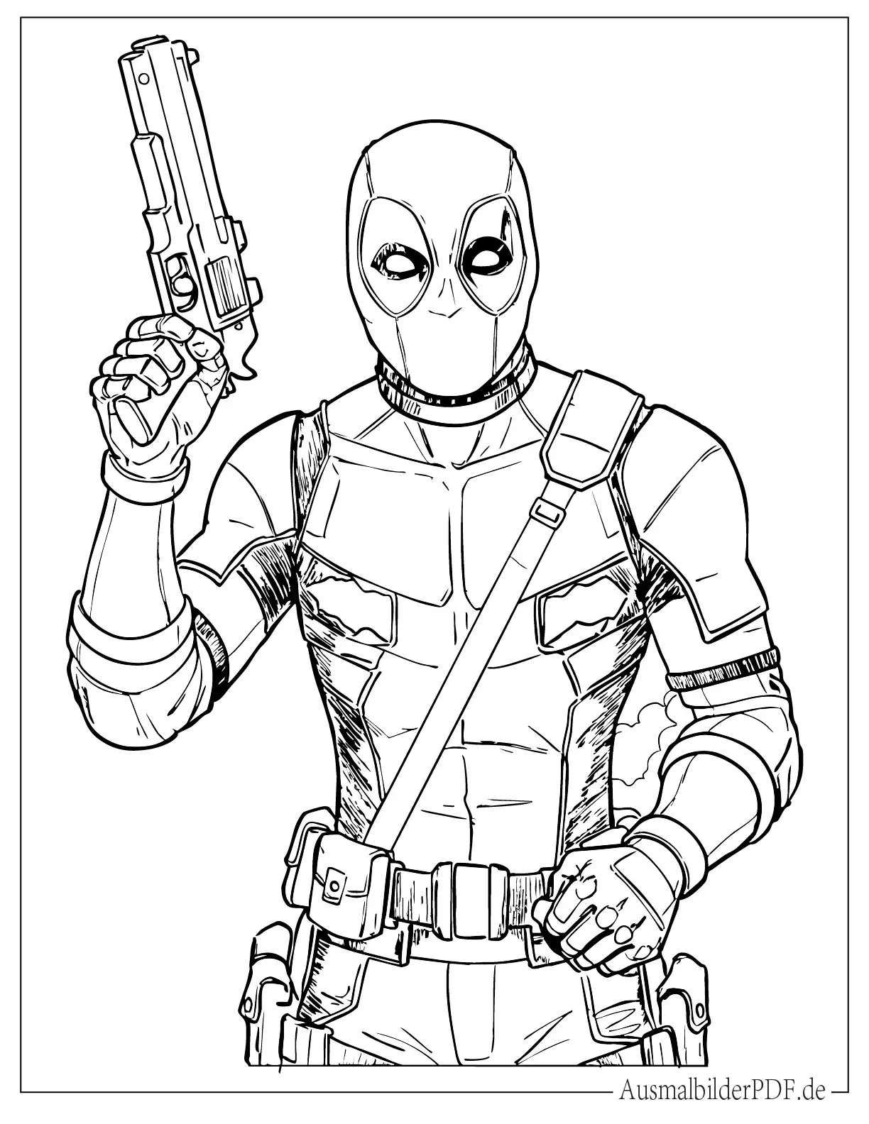 18 Deadpool Ausmalbilder (Gratis Malvorlagen zum drucken) Realistischer Superheld Deadpool mit Waffe Ausmalbild