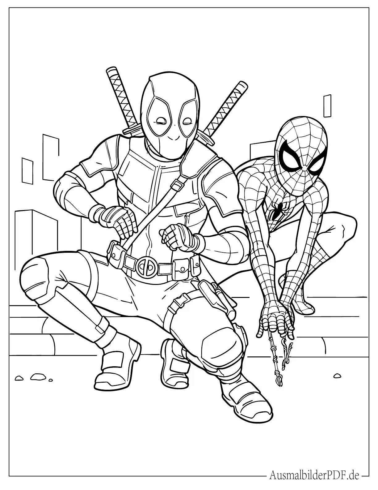 18 Deadpool Ausmalbilder (Gratis Malvorlagen zum drucken) Malvorlage Superhelden Deadpool & Spider-Man in Aktion