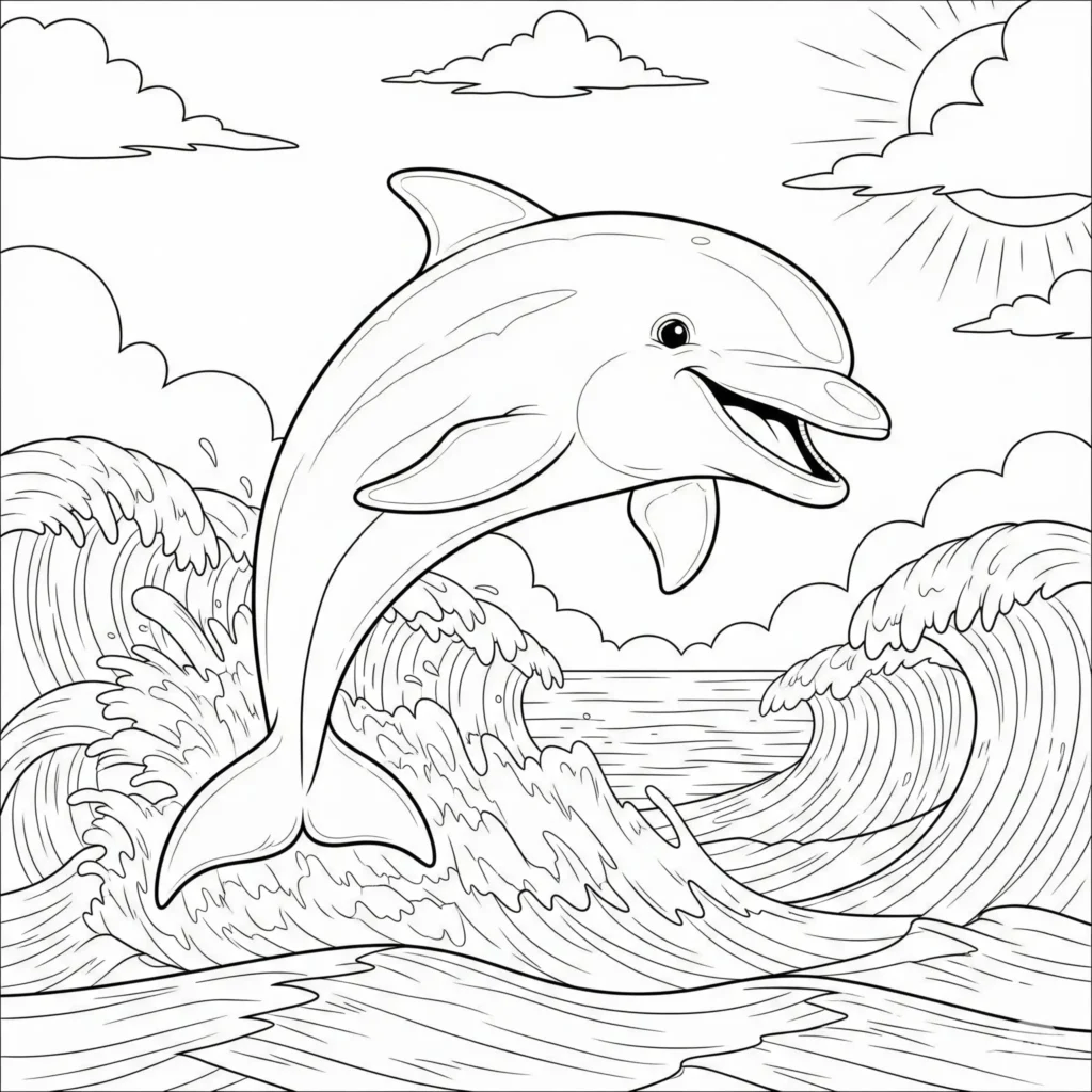 Ein lächelnder Delfin schwimmt ruhig im Wasser perfekt zum Ausmalen und Ausdrucken für Kinder