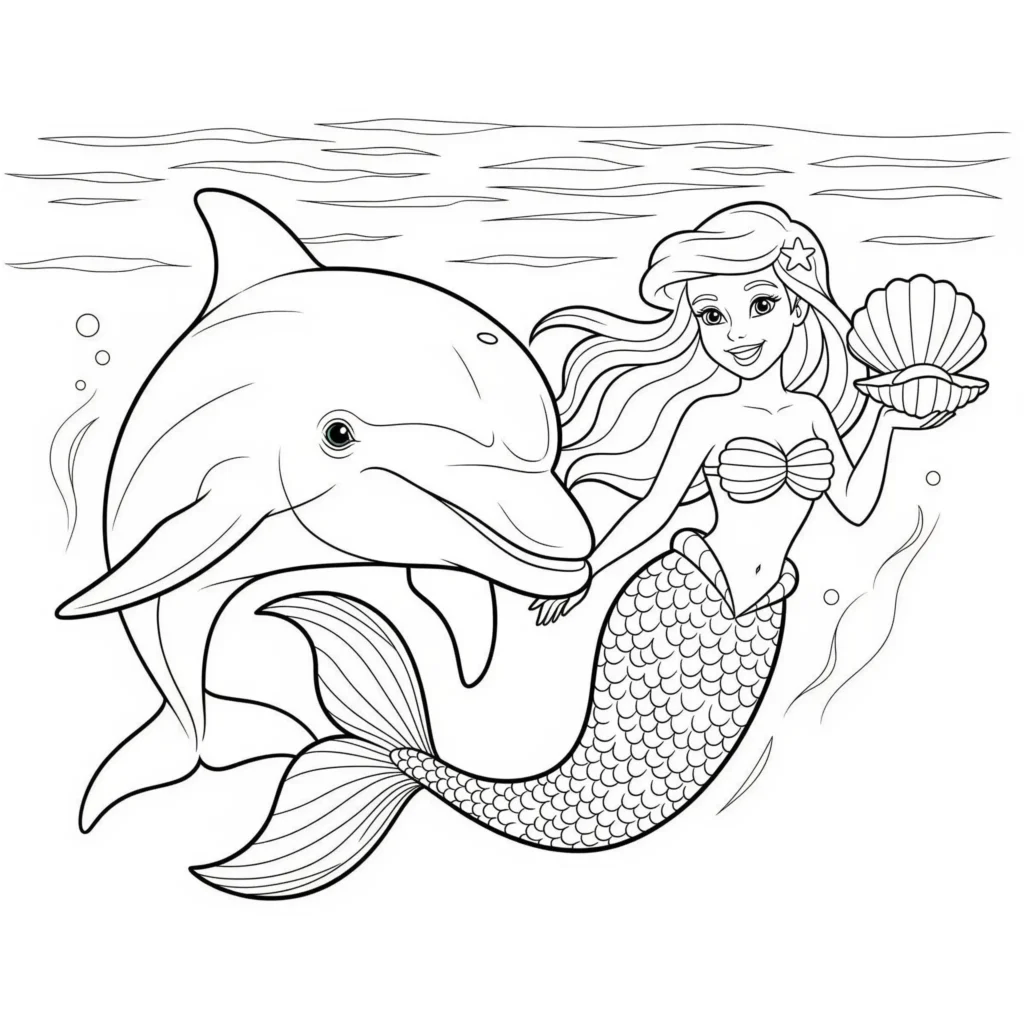 Delfin und Meerjungfrau Ausmalbild für kinder mit einer Meerjungfrau auf einem Delfin im Wasser als PDF zum ausdrucken kostenlos