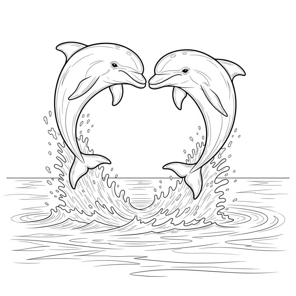 delfin ausmalbilder für kinder zeigt zwei delfine die eine herzform bilden als pdf zum ausdrucken kostenlos