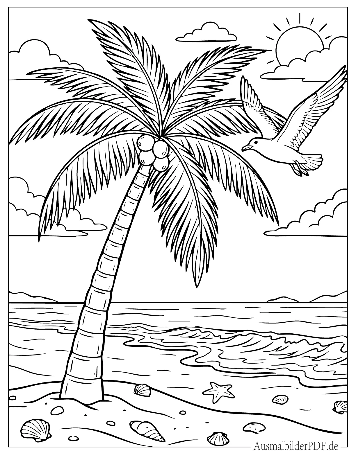 Detaillierte Palme mit Möwe, die in der Nähe fliegt, zum Ausmalen