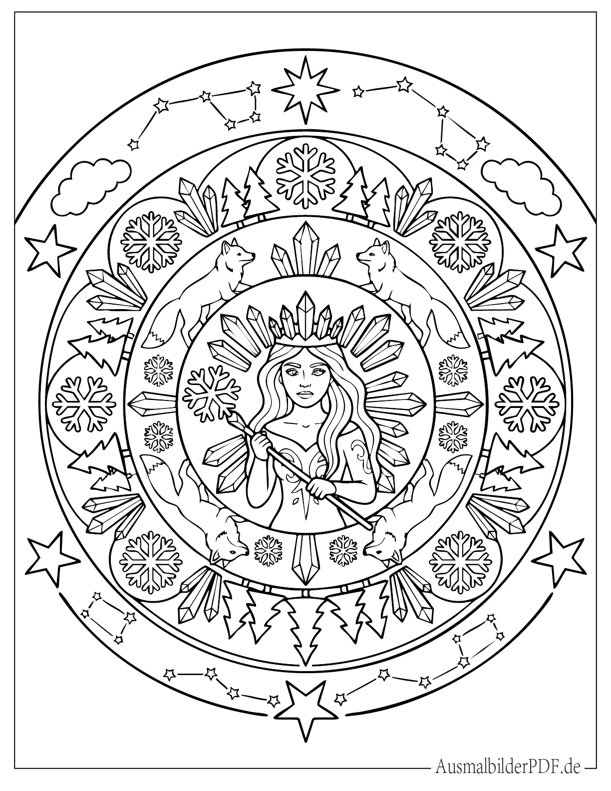Schneekönigin Ausmalbilder (Gratis Malvorlagen zum Download) Detaillierte Schneekönigin Mandala Ausmalbild für Erwachsene