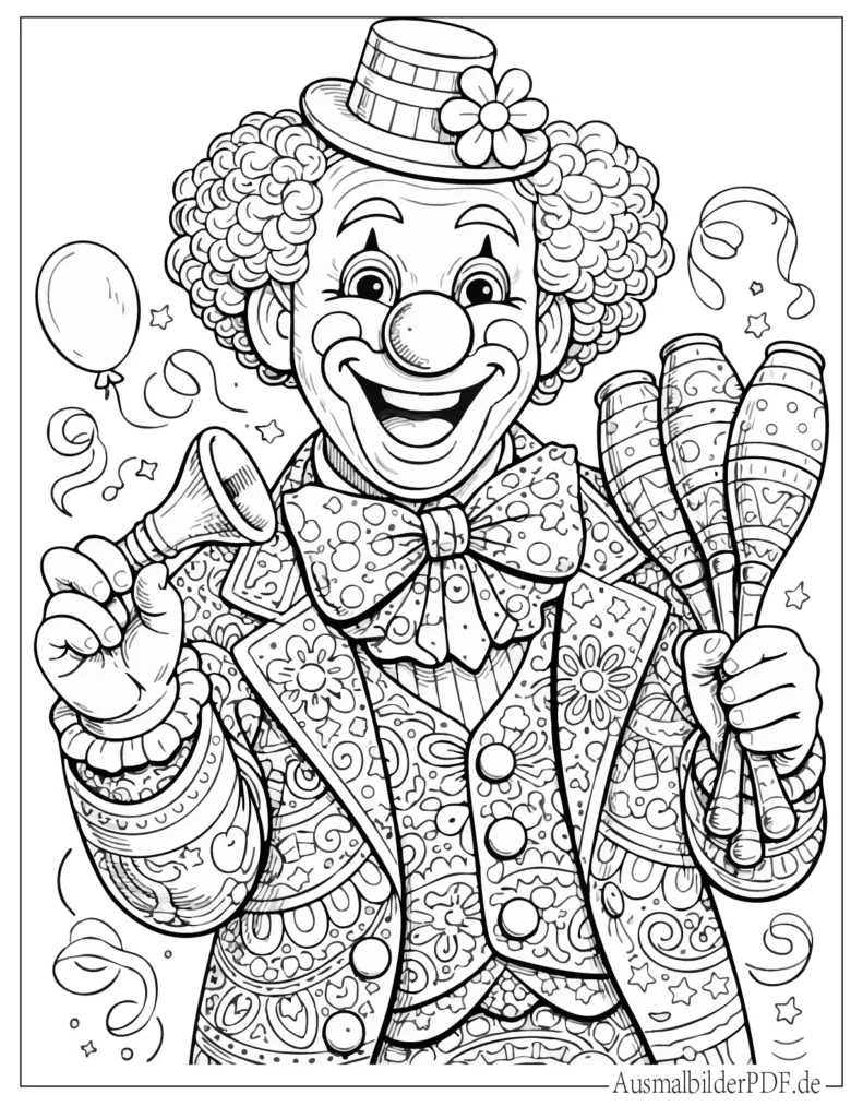 Druckvorlage eines detaillierten Clowns, komplexes Ausmalbild für Erwachsene zum Ausdrucken und Ausmalen