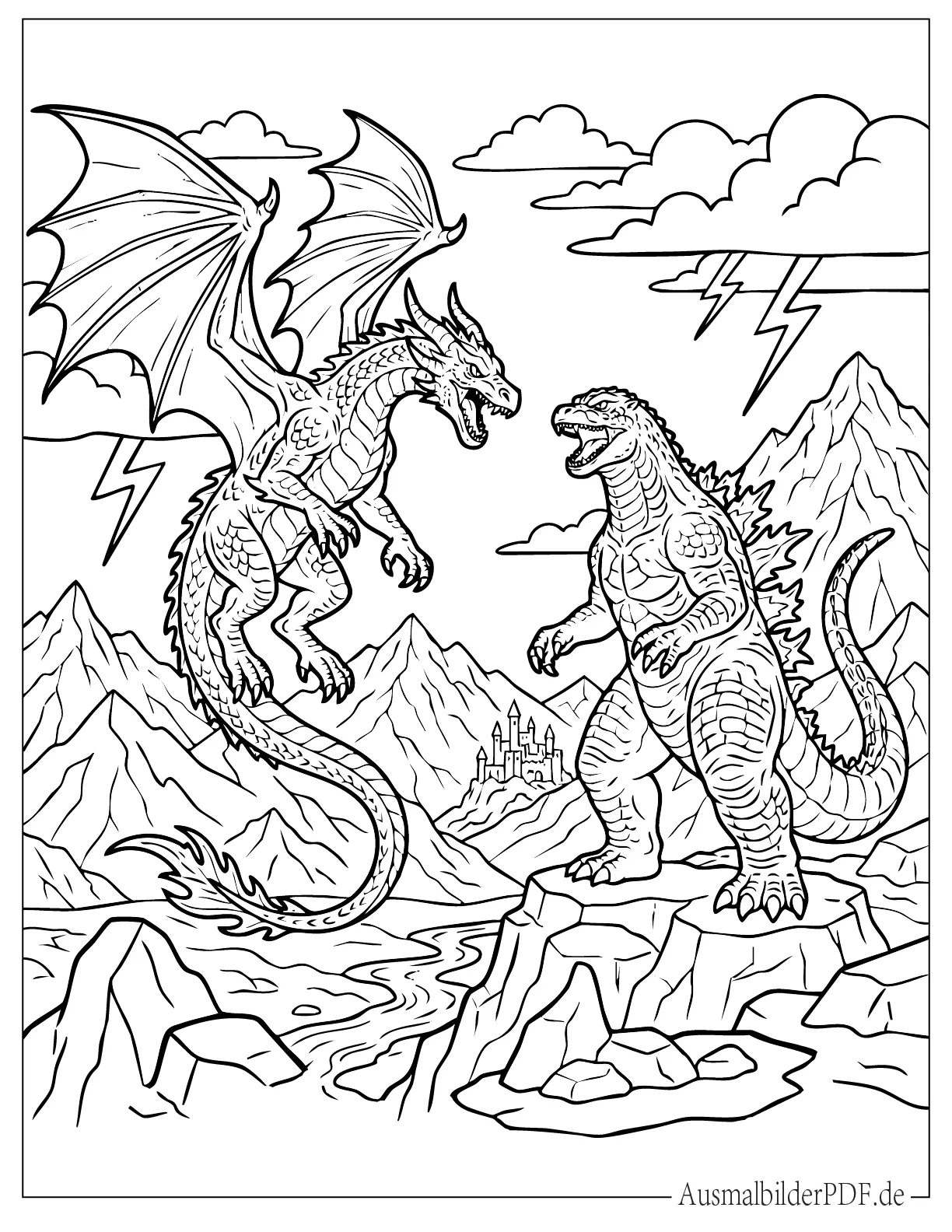 Detaillierter Godzilla und Drache kämpfen zum Ausmalen