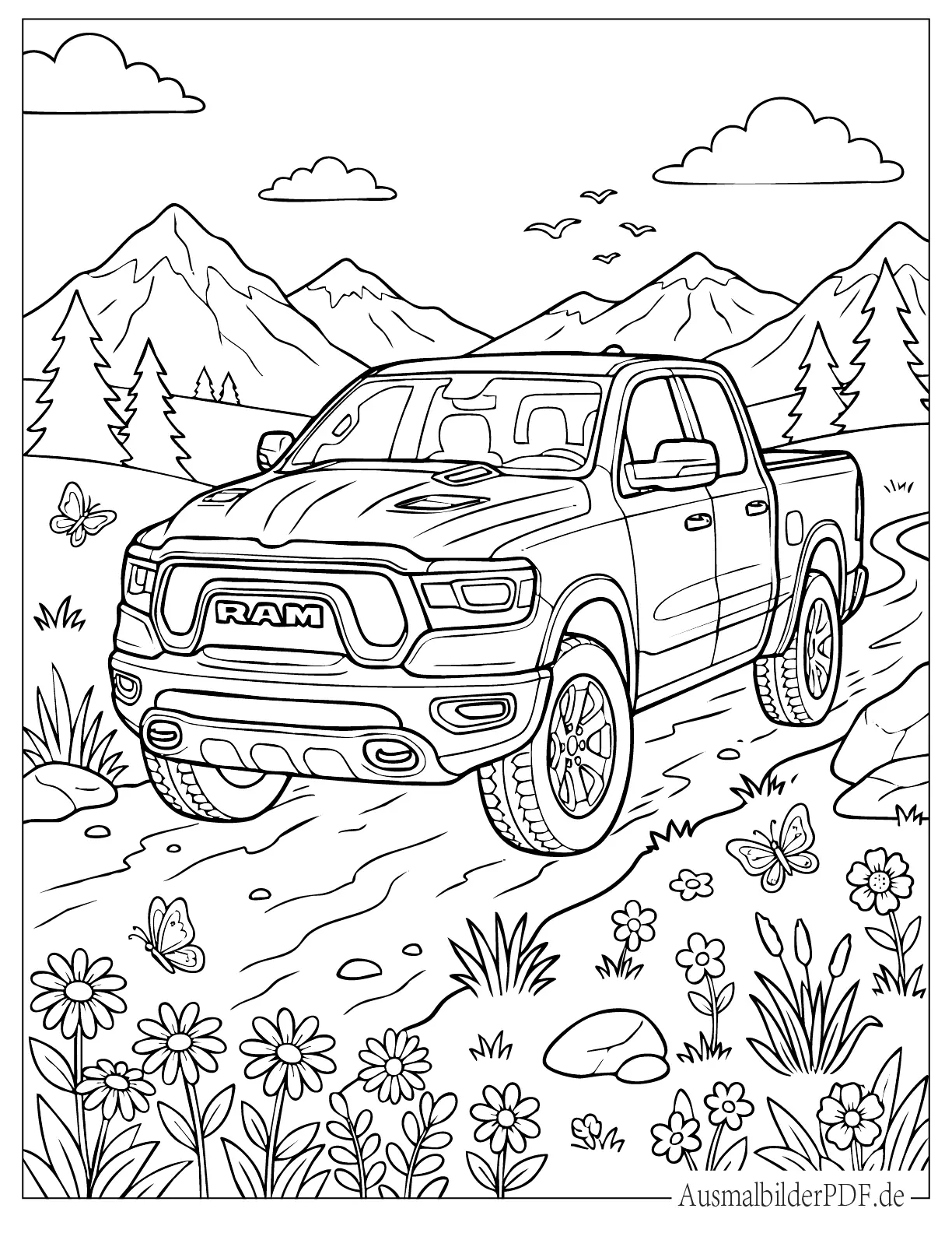 Detaillierter RAM Truck fährt auf Bergstraße Malvorlage