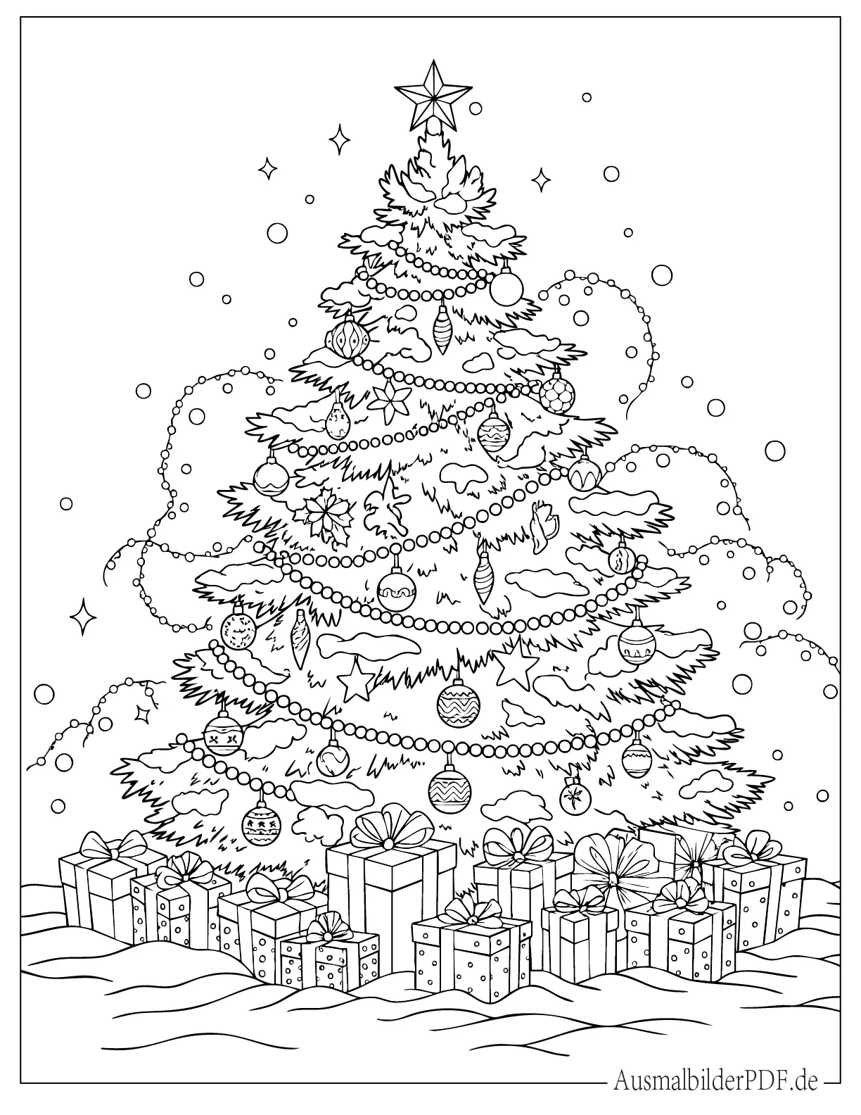 Detaillierter Weihnachtsbaum im Schnee zum Ausmalen