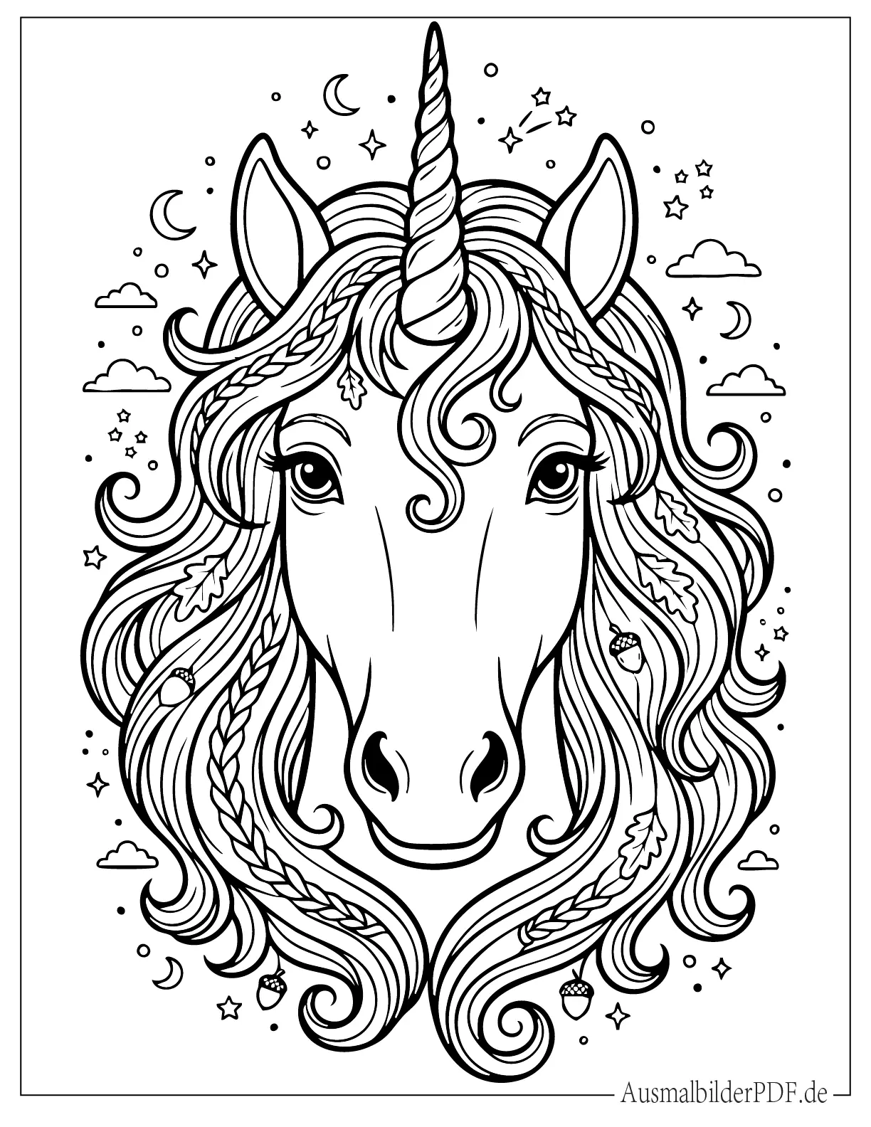 Detailliertes Einhorn Gesicht mit langem Horn Ausdruckbare Malvorlage