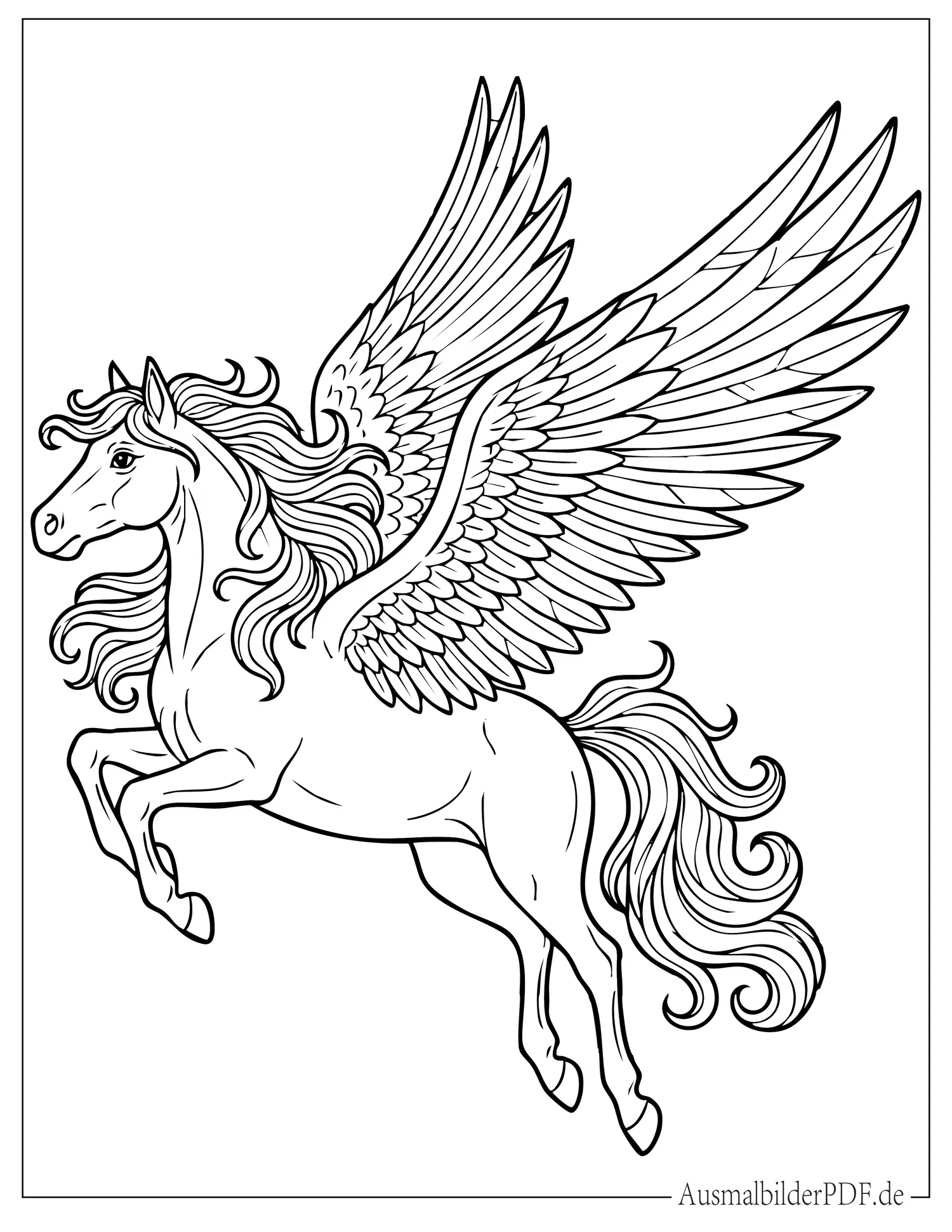 Detailliertes Pegasus fliegt Ausmalbild zum Ausdrucken