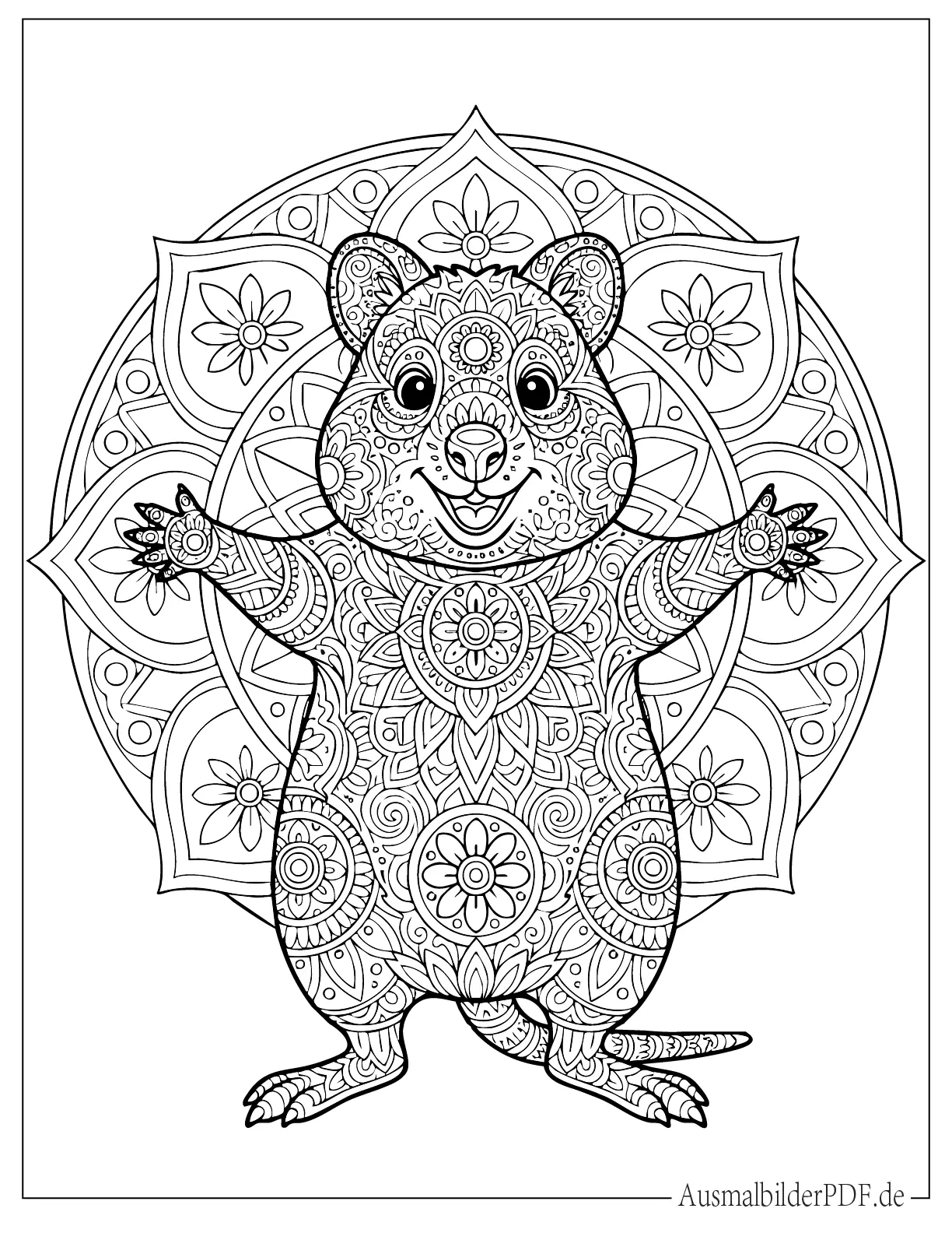 Detailliertes Quokka Mandala Ausmalbild für Erwachsene