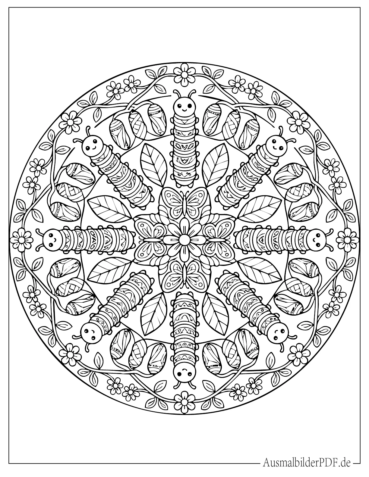 Detaillierte Raupe Mandala mit Blättern, Blumen, Schmetterlingen und Kokon Ausmalbild