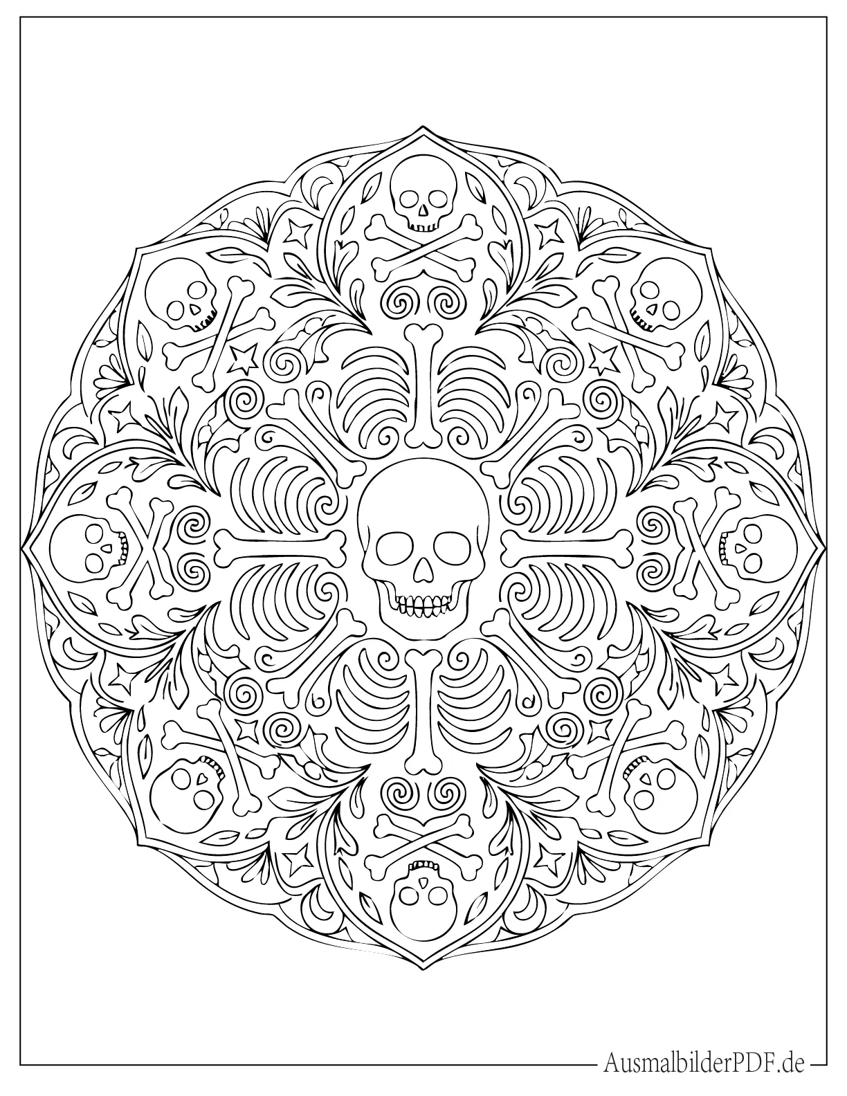 Detailliertes Skelett Mandala Ausmalbild für Erwachsene