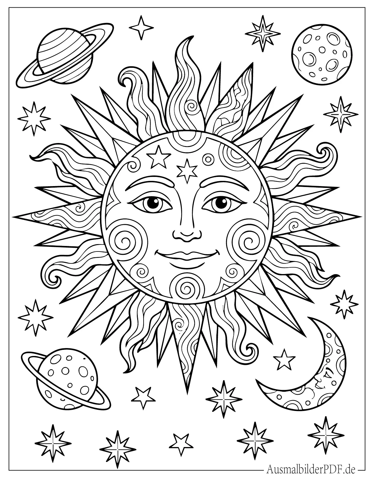 Detaillierte Sonne Ausmalvorlage mit Pflanzen