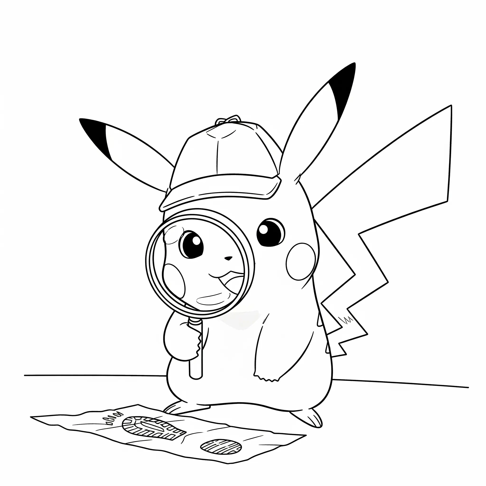 Diese Ausmalvorlage zeigt Detektiv Pikachu, wie er konzentriert einen Hinweis untersucht – ideal für Kinder, die spannende Szenen lieben.