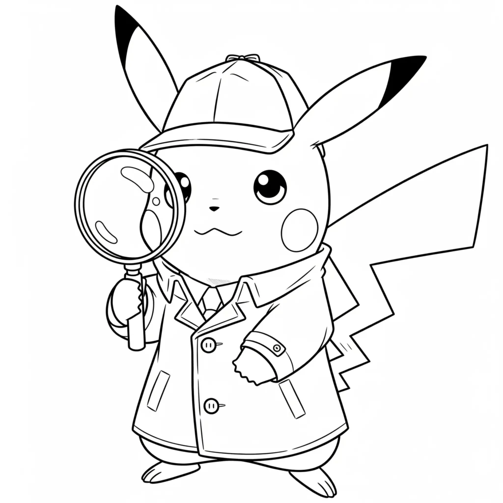 Diese Ausmalvorlage zeigt Detektiv Pikachu mit einer Lupe in der Hand, bereit Hinweise zu entdecken – ideal für Kinder mit Entdeckergeist.
