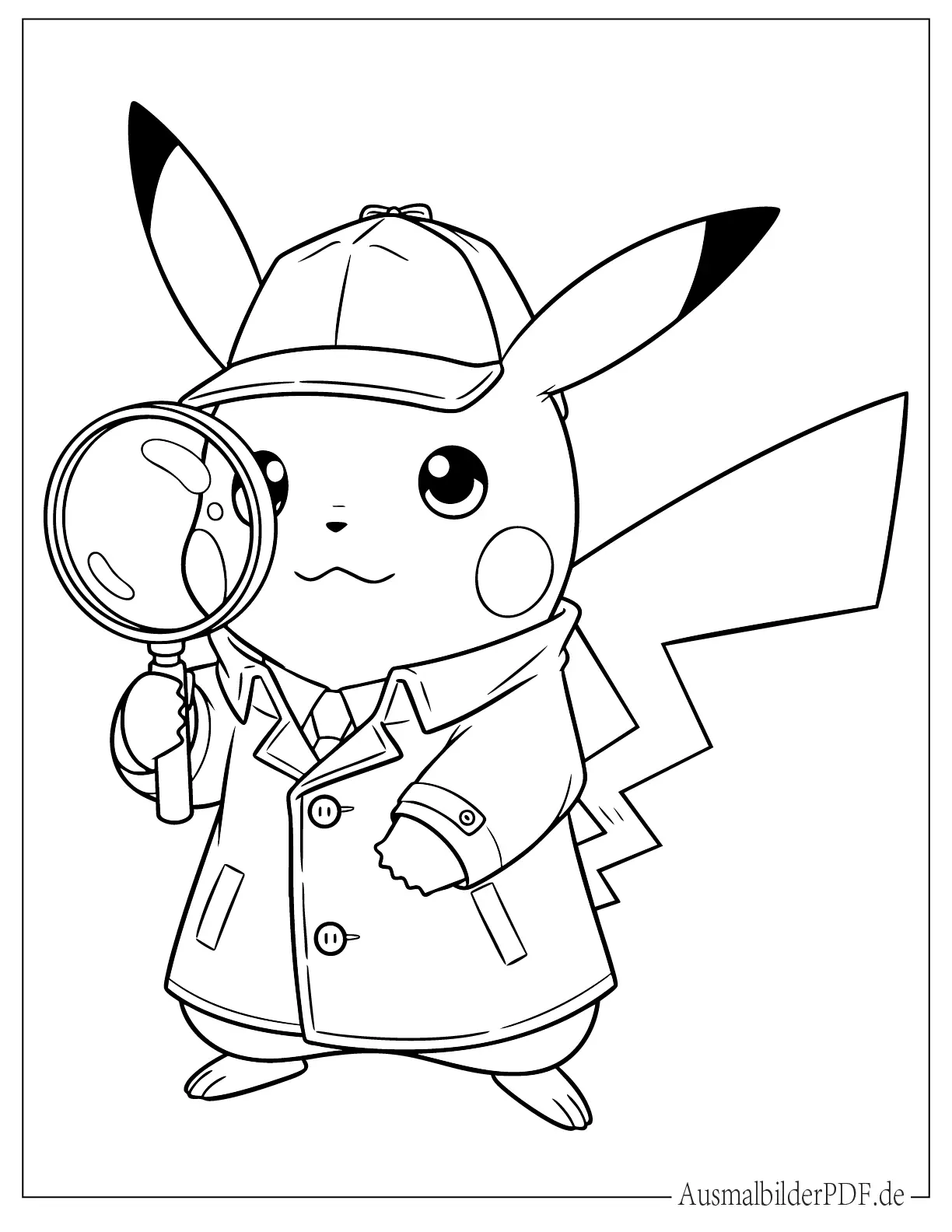 Detektiv Pikachu mit einer Lupe Ausmalvorlage