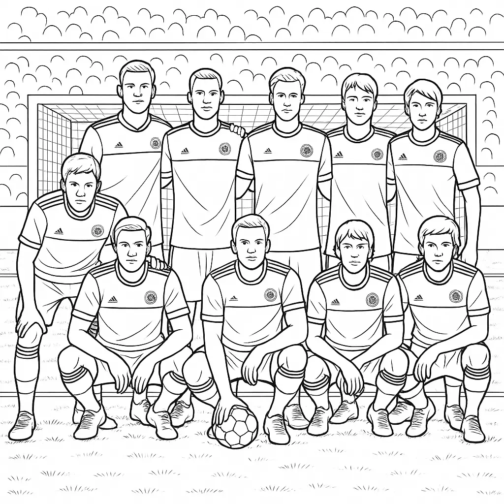 Ausmalbild Die deutsche Fußballnationalmannschaft steht gemeinsam vor dem Tor auf dem Spielfeld, elf Spieler in Trikots in zwei Reihen.