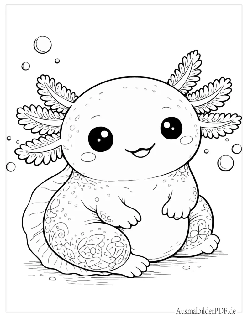 Ausmalblatt eines dicken Axolotls, der sitzt, ideal für Kinder zum Ausdrucken und Ausmalen zuhause
